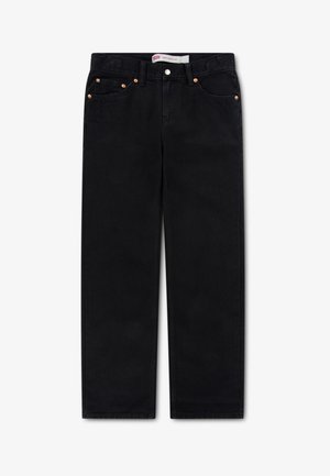 Black denim jeans with a straight-leg design, featuring copper-tone hardware and classic five-pocket styling. Soft texture.