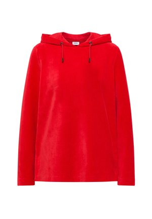 Haut à capuche rouge à manches longues avec cordons de serrage et une texture douce et veloutée, étiqueté avec le nom de la marque "Cecil."