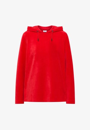 Sudadera roja de manga larga con cordones y una textura suave y aterciopelada, etiquetada con el nombre de la marca "Cecil."