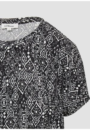 Black and white short-sleeved top featuring a geometric pattern with diamond shapes and textured pleats, round neckline, and s.Oliver label.