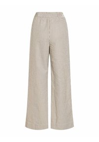 Pantalon large à rayures verticales beige et blanches avec taille élastique, longueur cheville, tissu léger.
