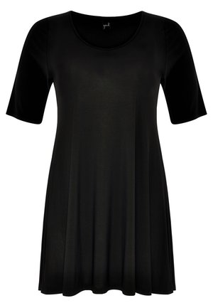 Schwarzes kurzärmliges Kleid mit rundem Ausschnitt. Hergestellt aus glattem Stoff, hat es eine lockere, fließende Form, die bis zur Mitte des Oberschenkels reicht.