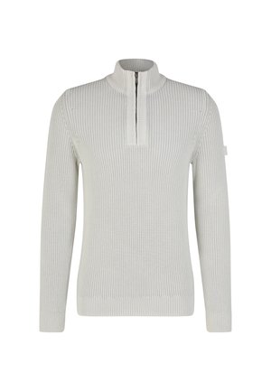 Hellgrauer Strickpullover mit einem Viertel-Reißverschluss, gerippter Textur, langen Ärmeln und einem kleinen Logo am linken Ärmel.