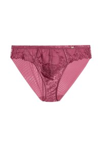 Burgunderfarbene Spitzen- und Netzunterwäsche mit floralen Mustern, die ein halbtransparentes Design und einen bequemen Bund für eine figurbetonte Passform bietet.