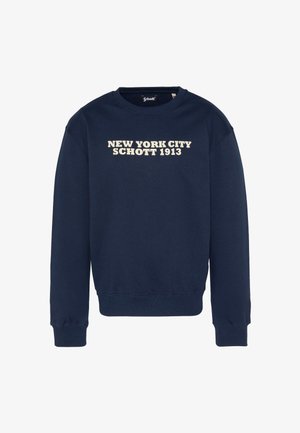 Sudadera azul marino con puños y dobladillo acanalados, con el texto "NEW YORK CITY SCHOTT 1913" en beige sobre el pecho. Material de algodón.
