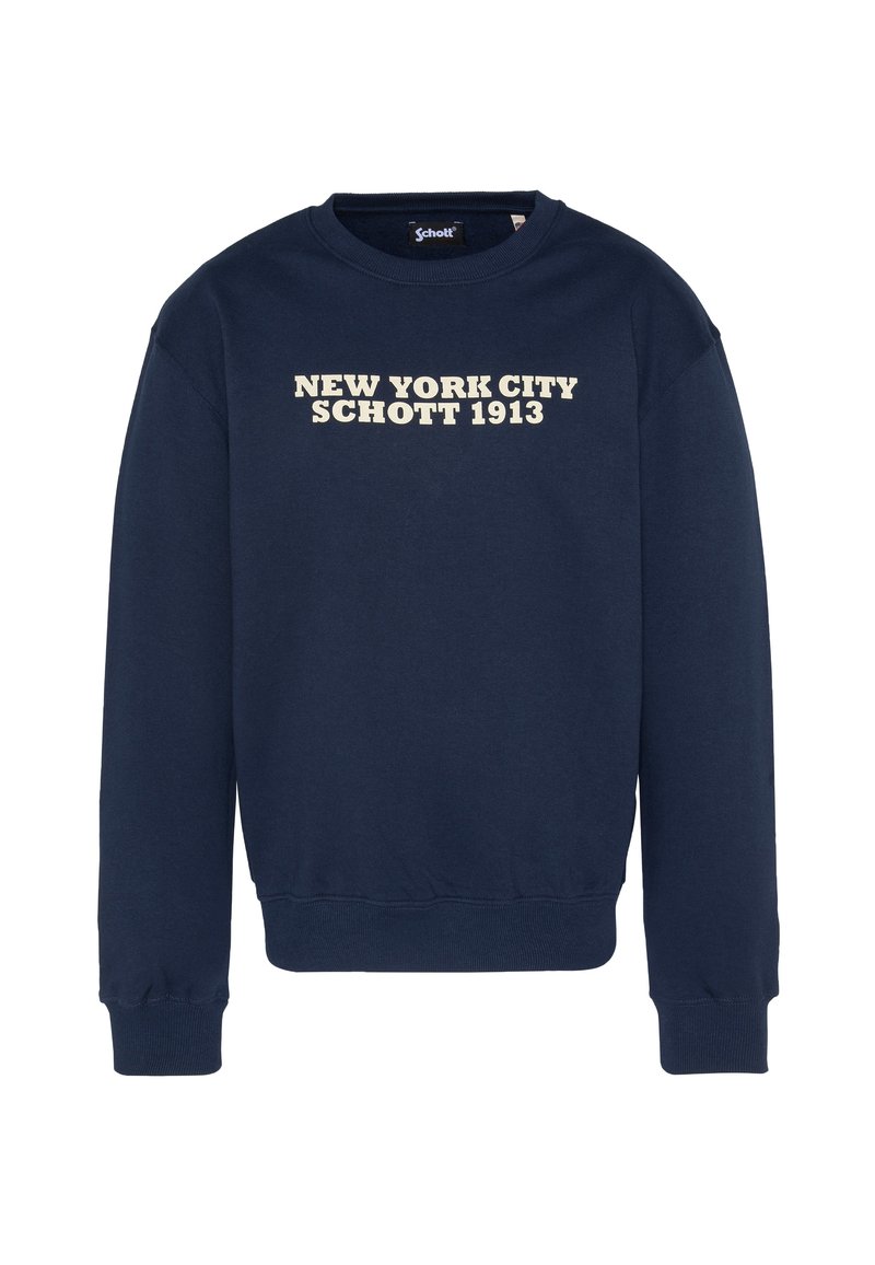 Sudadera azul marino con puños y dobladillo acanalados, con el texto "NEW YORK CITY SCHOTT 1913" en beige sobre el pecho. Material de algodón.