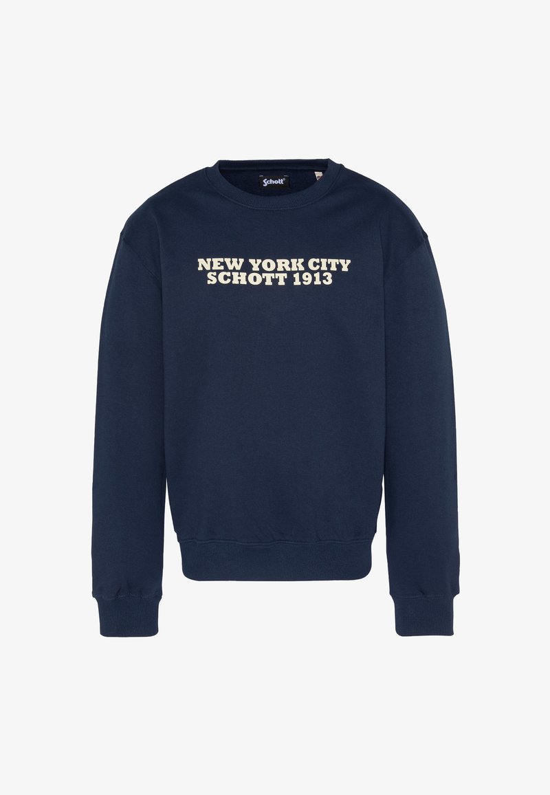 Sudadera azul marino con puños y dobladillo acanalados, con el texto "NEW YORK CITY SCHOTT 1913" en beige sobre el pecho. Material de algodón.