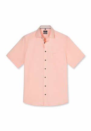 Lichtroze overhemd met korte mouwen, zwarte knopen, een voorzak en een patroon aan de binnenkant van de kraag.