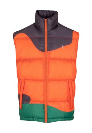 Padded vest in orange with grey and green accents. High collar, full-length zipper, and side pockets. Smooth texture with a glossy finish.