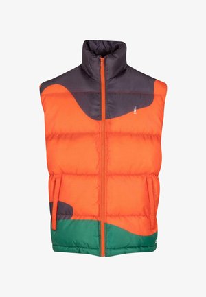 Padded vest in orange with grey and green accents. High collar, full-length zipper, and side pockets. Smooth texture with a glossy finish.