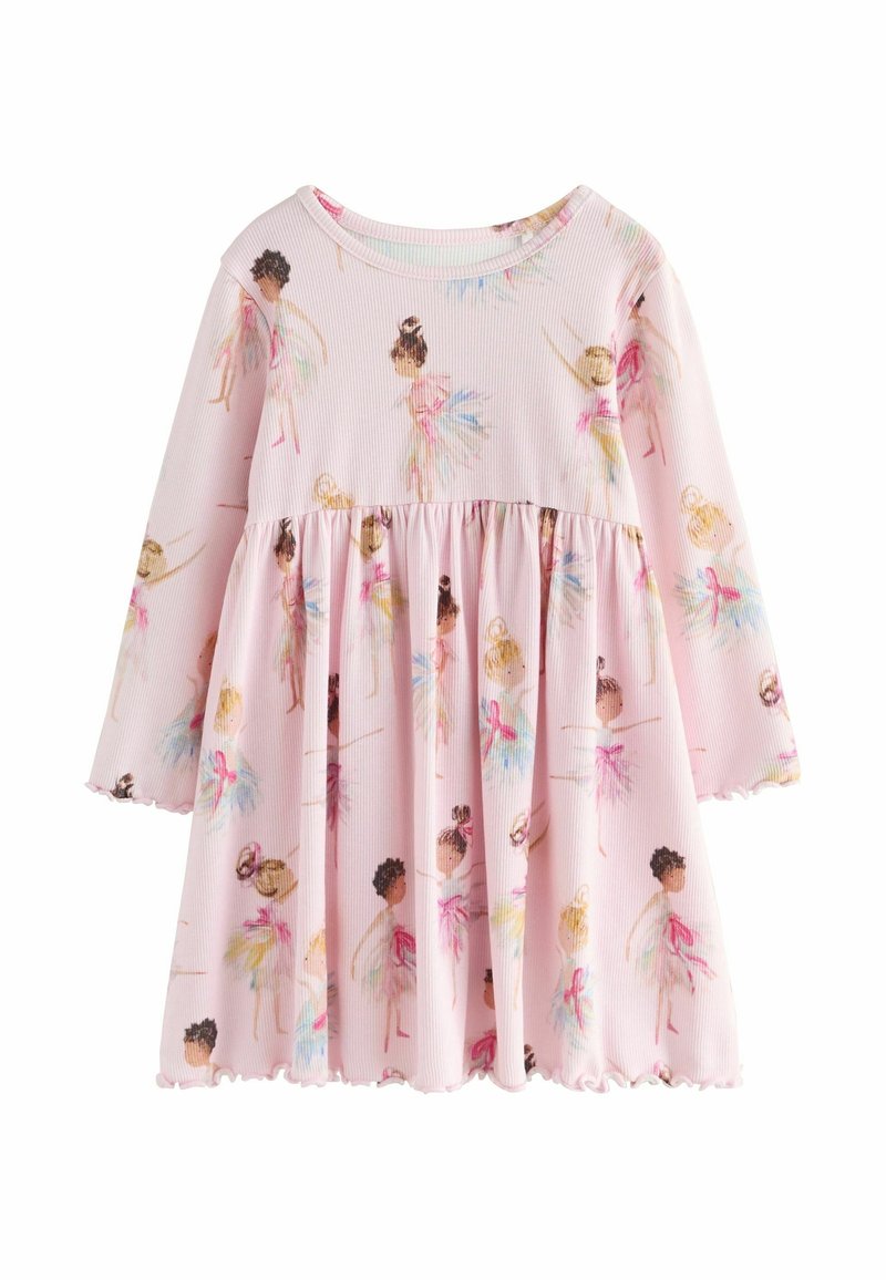 Robe pour tout-petit à manches longues rose clair avec taille froncée et imprimé coloré de ballerines dans différentes poses sur tout le tissu.