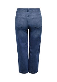 Mørkeblå korte denimjeans med to baglommer og taljehøjde, vist bagfra på hvid baggrund.