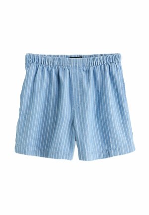 Lyseblå bomuldsshorts med tynde hvide lodrette striber og elastisk taljebånd, designet til afslappet brug.