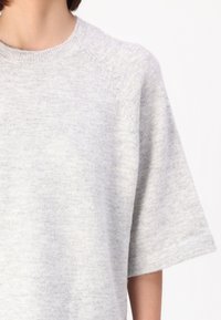 Maglione lavorato a maglia grigio chiaro con scollo a girocollo e maniche corte. Il tessuto ha una texture morbida con un delicato motivo mélange.
