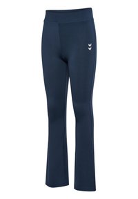 Marineblaue Sporthose aus Polyester-Mischgewebe mit ausgestelltem Bein, weißem Chevrondetail am linken Oberschenkel und glatter Textur.
