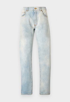 Light blue denim jeans with a straight cut, five pockets, and a button closure. Faded texture throughout, with detailed stitching on seams.