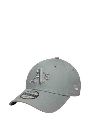 Gray adjustable baseball cap with "A's" embroidered in white on front and a New Era logo on the side.