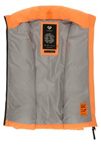 Bright orange interior lining with a smooth gray outer fabric. Features a black label, orange accents, and a zippered closure design.