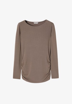 Brown long-sleeve top with a round neckline and side ruching details. Made from soft, stretchy fabric with a smooth texture.