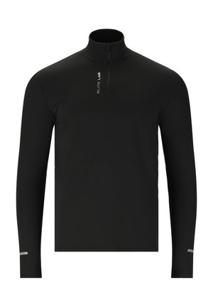 Schwarzes Langarm-Zip-Hemd aus dehnbarem Material mit reflektierenden Akzenten an den Ärmeln und einem kleinen Logo auf der linken Vorderseite.
