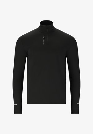 Schwarzes Langarm-Zip-Hemd aus dehnbarem Material mit reflektierenden Akzenten an den Ärmeln und einem kleinen Logo auf der linken Vorderseite.