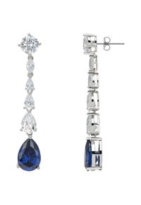 Pendientes colgantes que presentan una mezcla de piedras preciosas transparentes y de un azul profundo en una disposición vertical, montados en metal tono plata con acentos geométricos.