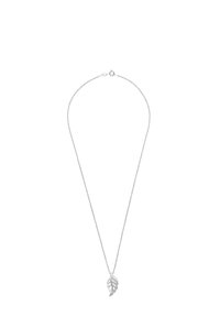 Silverhalsband med en delikat kedja och ett bladformat hänge prytt med små kristaller på ena sidan.