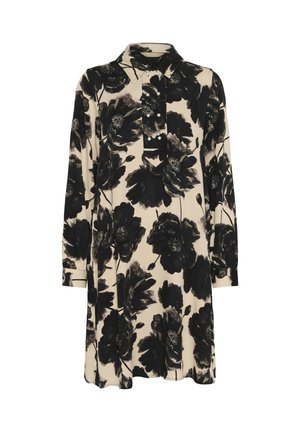 Svart klänning med blommönster på en beige bakgrund, utrustad med krage, placket med tre knappar och lång ärm med manschettdetaljer.