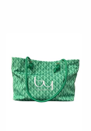 Borsa tote Byblos verde con motivo, con doppie maniglie in corda e logo bianco centrale sul davanti.