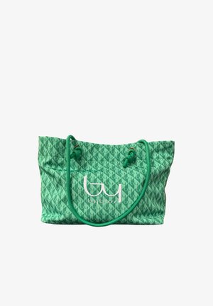 Borsa tote Byblos verde con motivo, con doppie maniglie in corda e logo bianco centrale sul davanti.
