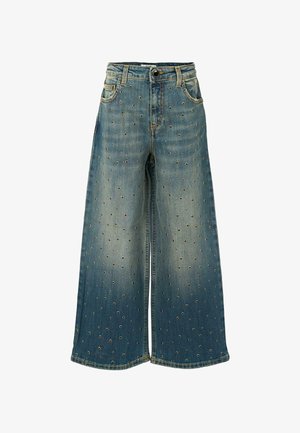 Brede denim trousers in medium blauw met een vervaagde afwerking, voorzien van gouden metalen oogjes in een patroon en standaard voorkruiken.