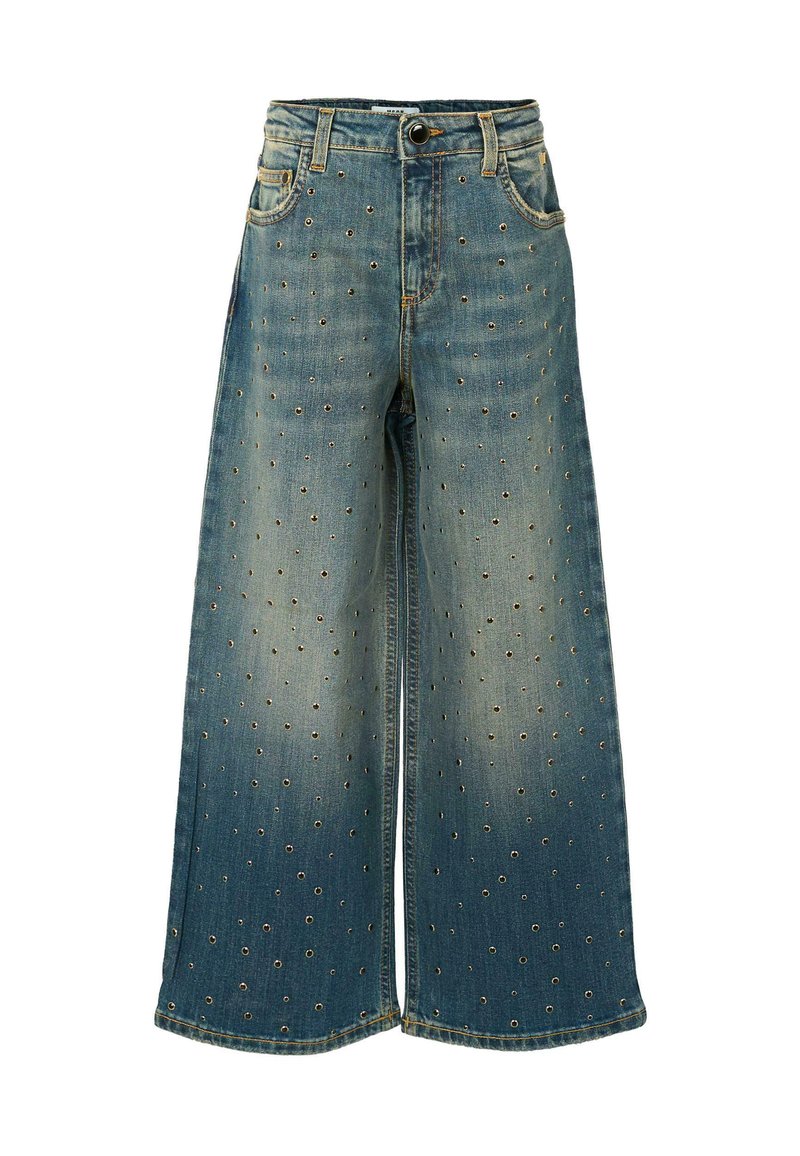 Brede denim trousers in medium blauw met een vervaagde afwerking, voorzien van gouden metalen oogjes in een patroon en standaard voorkruiken.
