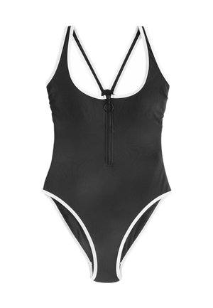 Black one-piece swimsuit with white contrasting trim, featuring a zippered front and crisscross back straps. Smooth fabric, athletic design.