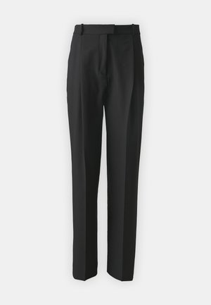 Zwarte op maat gemaakte broek gemaakt van lichtgewicht stof, met een rechte snit, platte voorkant en riemlussen. Glad textuur zonder zichtbare patronen.