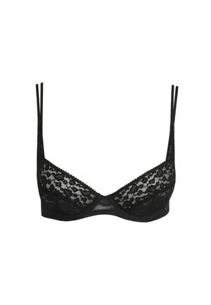 Black lace bra with a semi-padded design, featuring adjustable slim straps, floral patterns, and a smooth texture.
