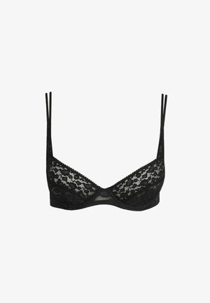 Schwarzer Spitzen-BH mit halbgepolsterter Ausführung, verstellbaren schmalen Trägern, Blumenmustern und glatter Textur.