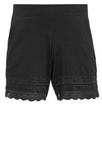Shorts pour femmes noires avec une taille élastique et des détails en dentelle à l'ourlet pour une finition décorative et respirante.