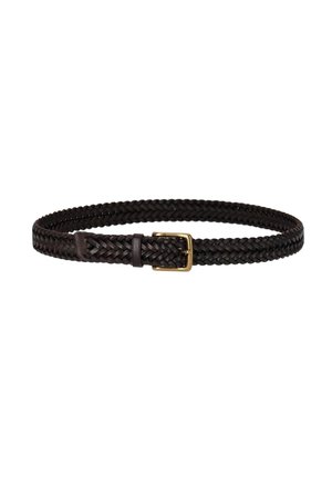 Cintura in pelle intrecciata marrone scuro con fibbia rettangolare in ottone, mostrata su sfondo bianco.