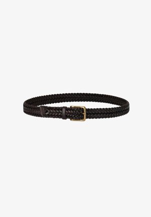 Cintura in pelle intrecciata marrone scuro con fibbia rettangolare in ottone, mostrata su sfondo bianco.