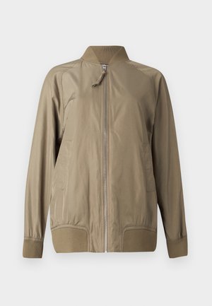 Lightweight bomber jacket in olive green, made from smooth fabric. Features a ribbed collar and cuffs, front zipper, and side pockets.