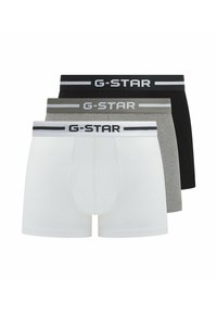 Three pairs of G-Star boxer briefs: white, grey, and black. Features elastic waistbands with G-Star logo and soft, stretchy cotton material.