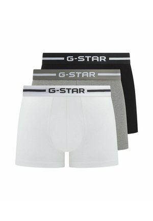 Three pairs of G-Star boxer briefs: white, grey, and black. Features elastic waistbands with G-Star logo and soft, stretchy cotton material.