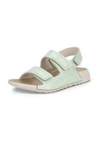 Mintgrüne Sandalen aus strukturiertem Synthetikmaterial mit zwei verstellbaren Klettverschlüssen und einer niedrigen, weißen Gummisohle.