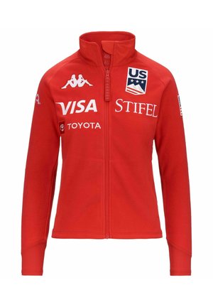 Giacca in pile rossa con colletto alto, zip completa e dettagli con logo tra cui Kappa, Visa e Stifel. Maniche lunghe con fori per il pollice.