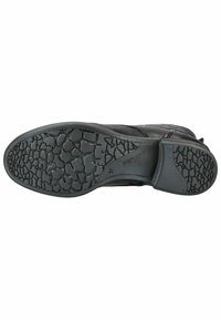 Semelle de chaussure noire avec un motif en caoutchouc texturé et craqué. Présente un bord lisse et un design de talon renforcé pour plus de durabilité.
