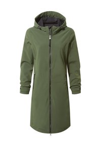 Olive green waterproof long jacket with a hood, front zipper, side pockets, and elastic cuffs. Smooth texture with a minimalist design.