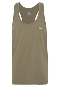 Débardeur sans manches vert olive de la marque Lee avec design dos nageur et petit logo blanc et noir sur la poitrine, taille medium.