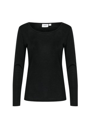 Maglietta nera a maniche lunghe con scollatura a barchetta, realizzata in un tessuto morbido e leggero. Presenta un design semplice e classico senza motivi.