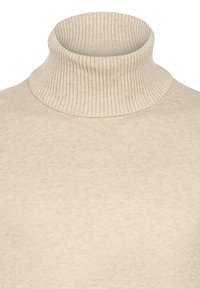 Suéter de cuello alto en color beige claro hecho de una suave tela de punto. Presenta una textura acanalada con un cuello alto doblado. Sin patrones ni acentos visibles.