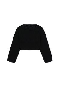 Schwarzer, kurz geschnittener Pullover mit einem runden Halsausschnitt, langen Ärmeln und einem strukturierten Strickdesign, das durchgängige offene Maschenakzente aufweist.
